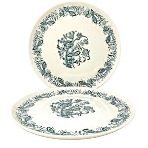 VIntage French Saxon China USA Dinner Plates Teal Floral 10" Server Set of 2